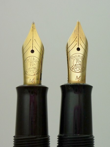 1000円スタート 万年筆2点 PELIKAN ペリカン ペン先14C-585 M刻印有 緑縞 グリーンストライプ/ブラウンマーブル インク瓶付 文房具 □A701_画像3