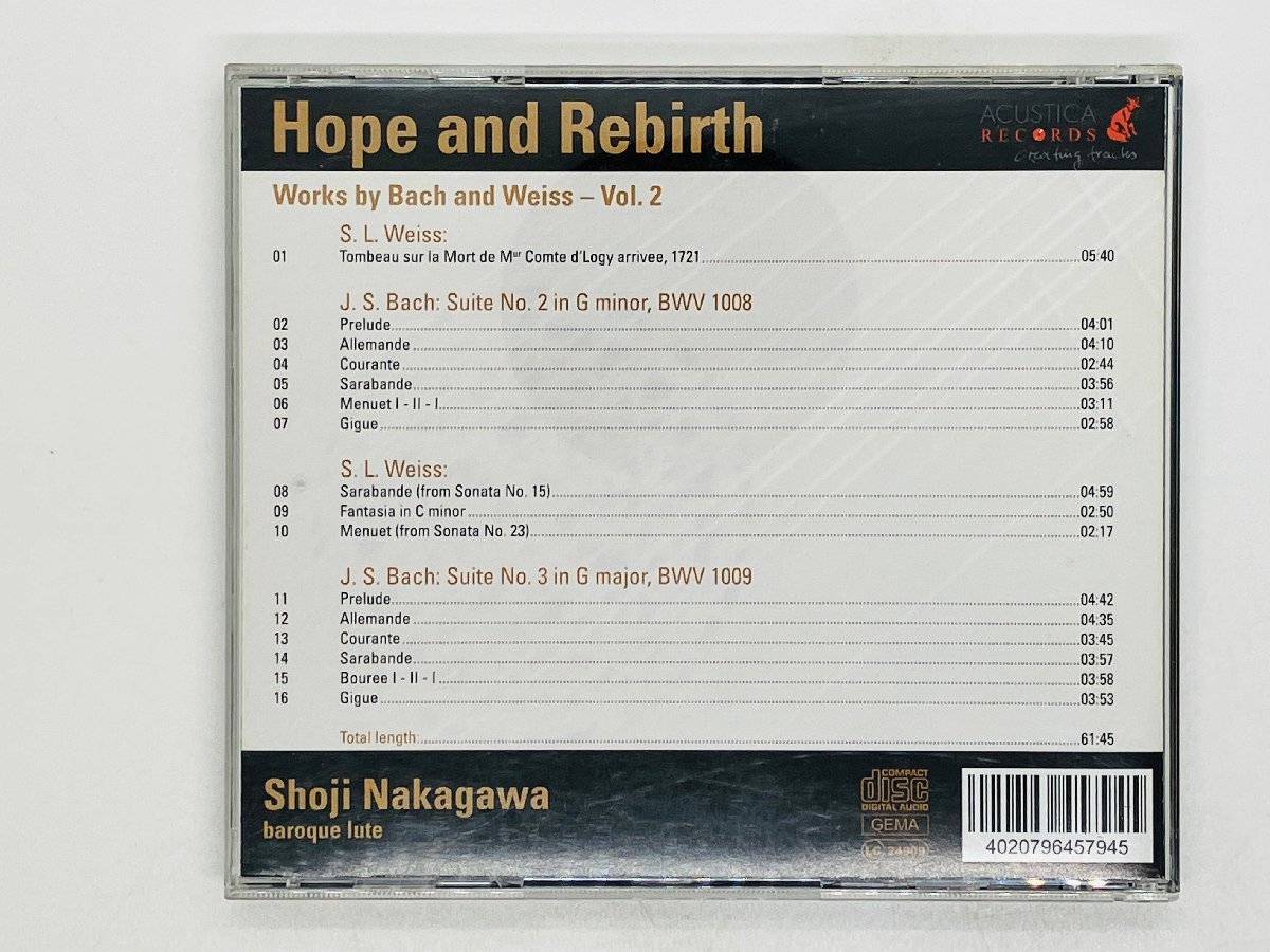 即決CD 中川祥治 希望と再生 バッハ ヴァイス作品集 Hope and Rebirth Works by Bach and Weiss Vol 2 Shoji Nakagawa baroque lute Y48_画像2