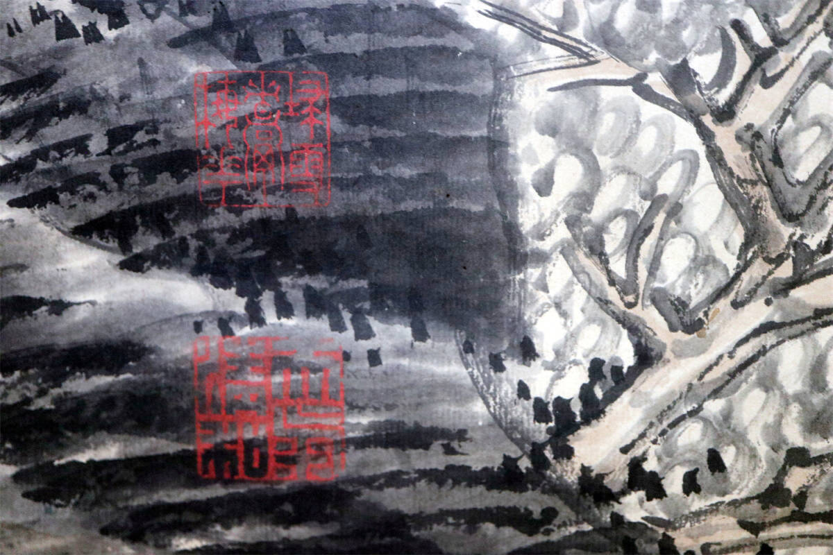 天寿 山水図 米法之図 印有 掛軸 共箱付き 蔵出し 肉筆保証 書画 模写 紙本 大幅本紙（画芯）サイズ：縦幅約54cm×横幅約45cmの画像9