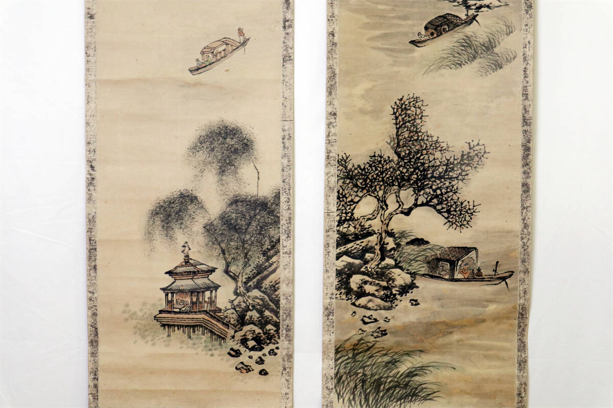 .. Kiyoshi era painter one against set landscape person map hanging scroll China picture old . paper book@ copy book@ paper (. core ) size : length width approximately 115cm× width approximately 27cm× 2 ps 