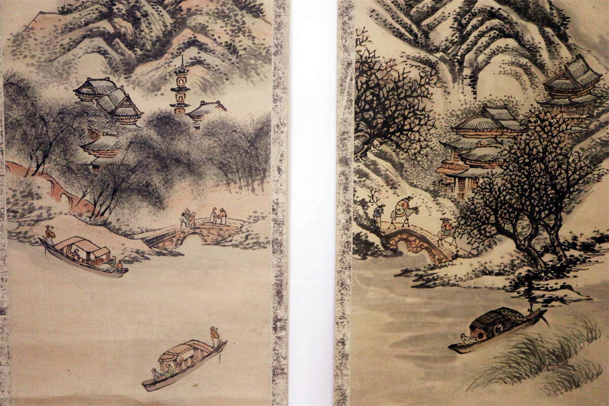 .. Kiyoshi era painter one against set landscape person map hanging scroll China picture old . paper book@ copy book@ paper (. core ) size : length width approximately 115cm× width approximately 27cm× 2 ps 