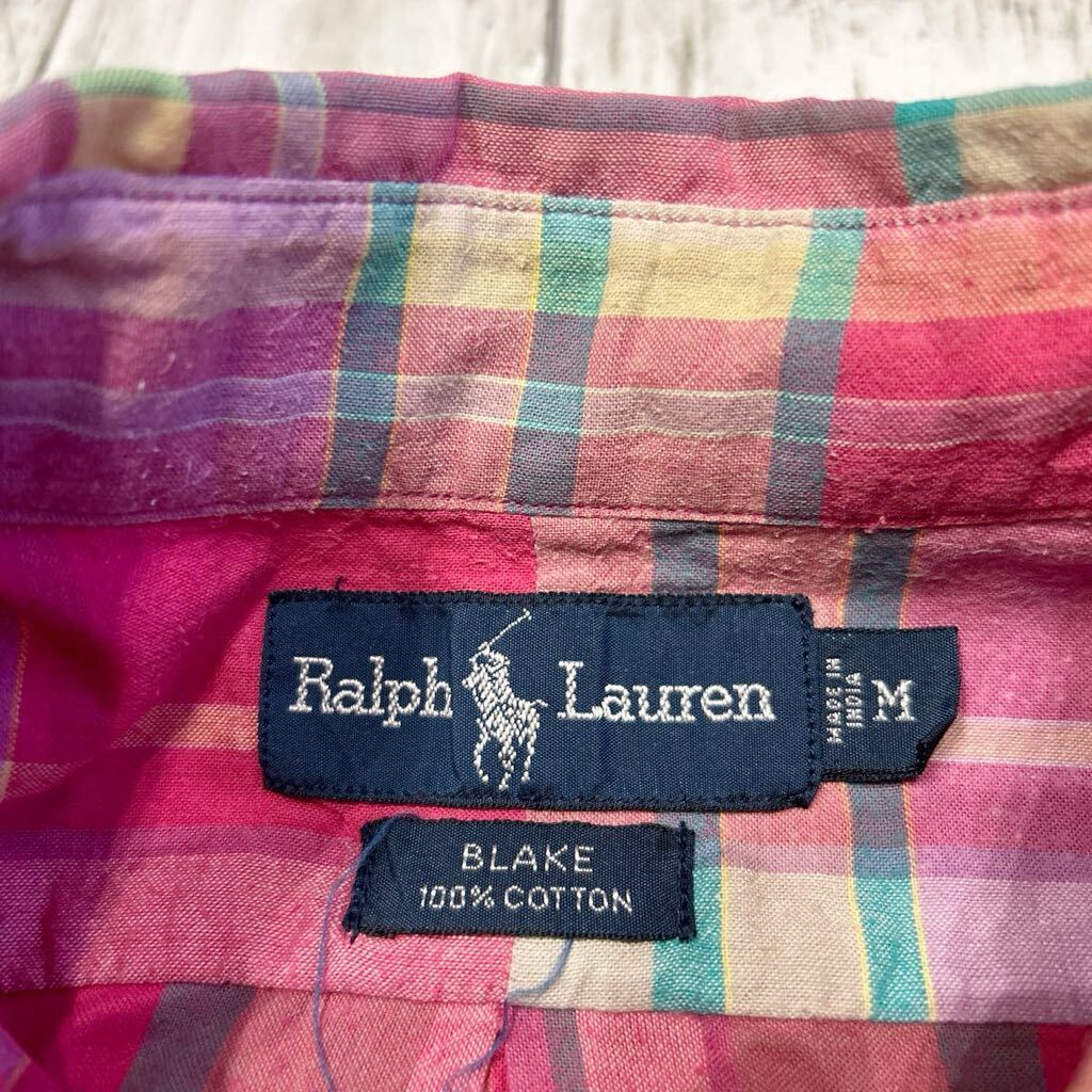 90s Ralph Lauren BLAKE ラルフローレン チェック柄 マドラスチェック ロゴ刺繍 ボタンダウン ビンテージ 半袖シャツ_画像5