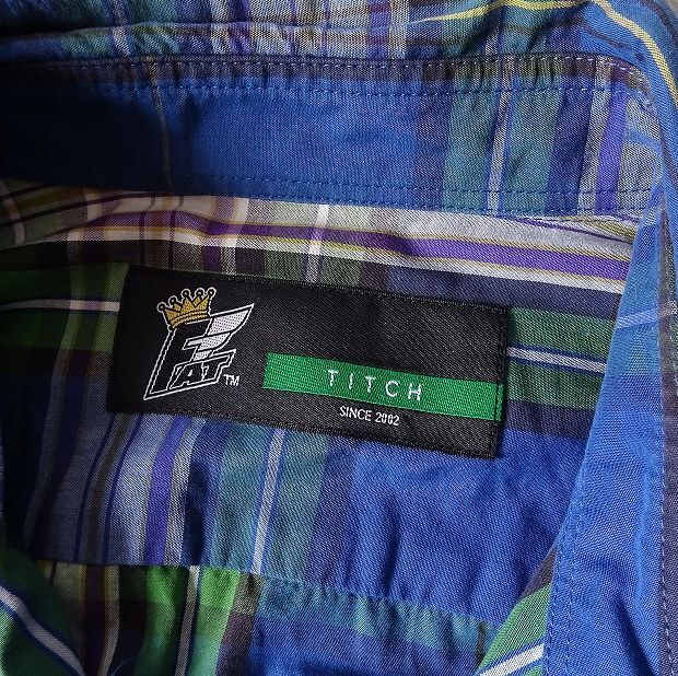 FATefe- чай проверка рубашка с длинным рукавом хлопок Logo . двойной карман мужской (TITCH) голубой / оттенок зеленого *r-013
