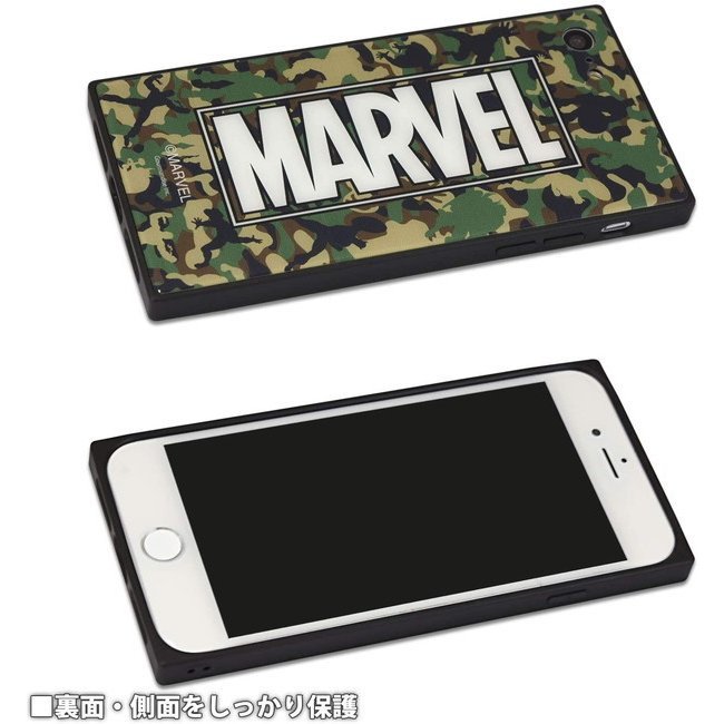 MARVEL マーベル ロゴ iPhoneSE第2世代 iPhone8 iPhone7 （4.7インチ） ケース カモフラ スクエアガラスケース TPU