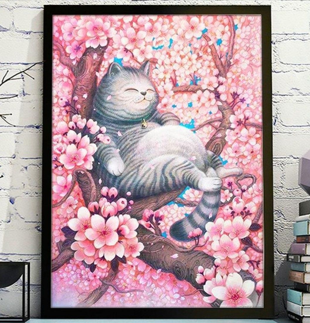 クロスステッチ完成品☆猫と花