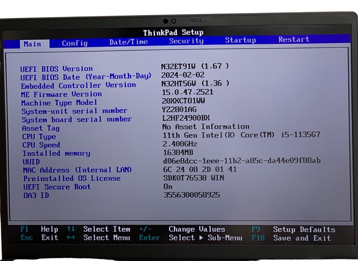 Lenovo / ThinkPad X1 Carbon / 20XXCTO1WW / Core i5-1135G7 / 16GBメモリ / SSD無 / 通電BIOS確認のみ、保証無し、ジャンク品　部品取り_画像2