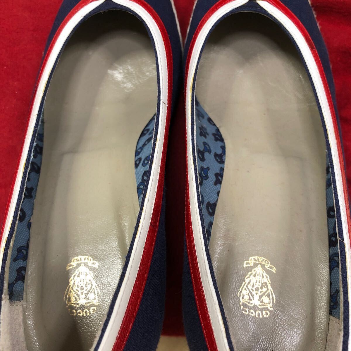 GUCCI グッチ 靴 パンプス ウェッジソール キャンバス地 ネイビー 紺色 35 1/2 レトロ オールドグッチ 袋付の画像5