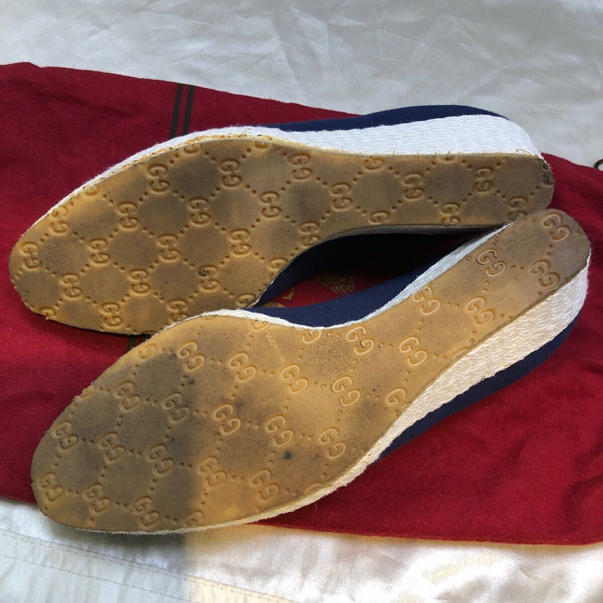 GUCCI グッチ 靴 パンプス ウェッジソール キャンバス地 ネイビー 紺色 35 1/2 レトロ オールドグッチ 袋付の画像7