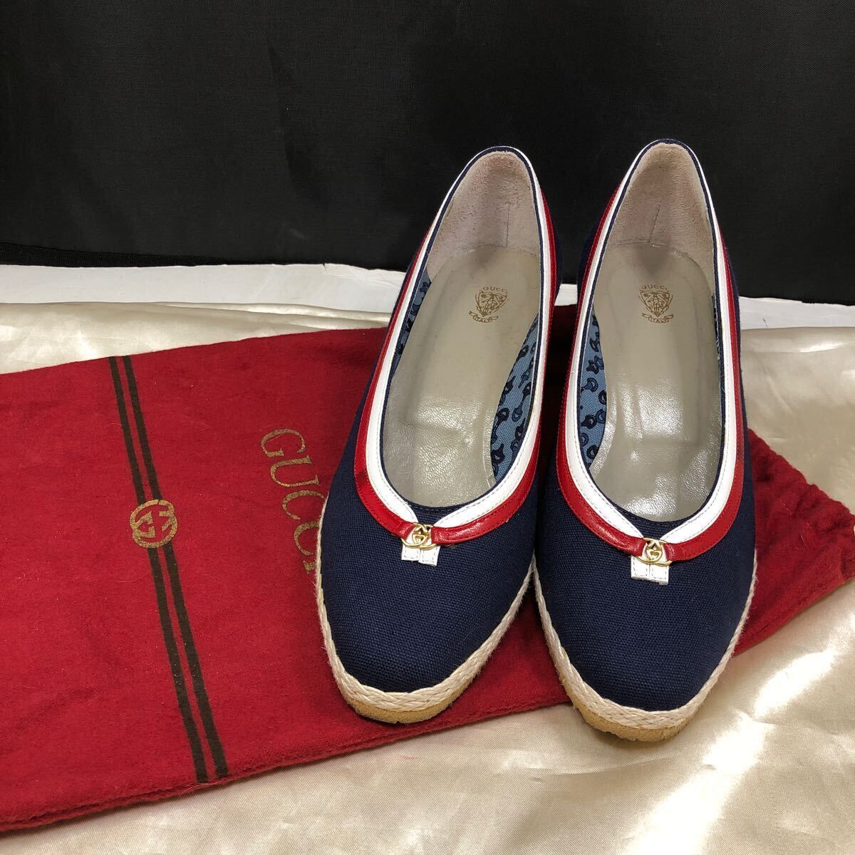 GUCCI グッチ 靴 パンプス ウェッジソール キャンバス地 ネイビー 紺色 35 1/2 レトロ オールドグッチ 袋付の画像1