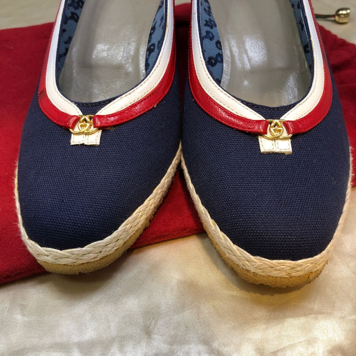 GUCCI グッチ 靴 パンプス ウェッジソール キャンバス地 ネイビー 紺色 35 1/2 レトロ オールドグッチ 袋付の画像2