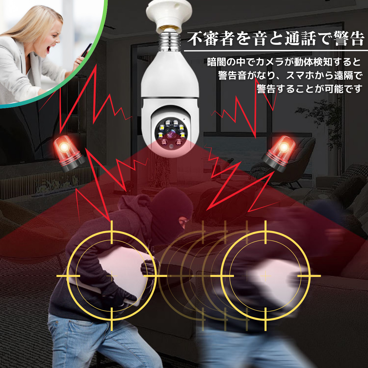 日本語アプリ　自動追尾音声警告可能　電球型防犯監視カメラ+128GBのTFカード付　電球型防犯カメラ ペットカメラ ネットワークカメラ　　