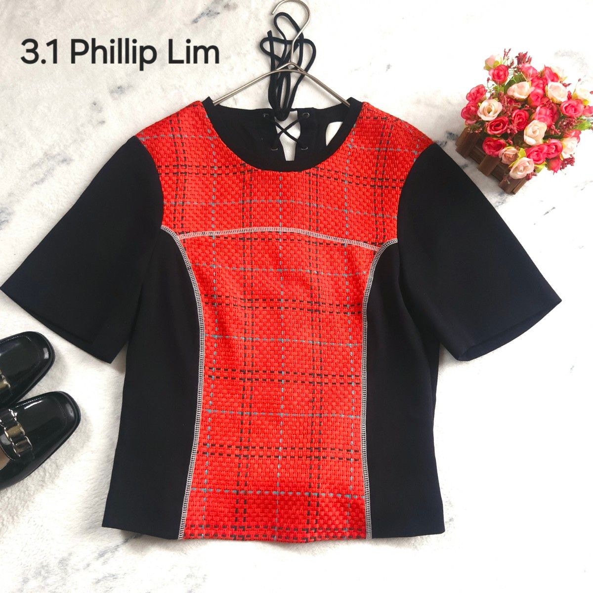 スリーワンフィリップリム 3.1 Phillip Lim ツイード切替 半袖ブラウス  黒 赤 Mサイズ相当 極美品