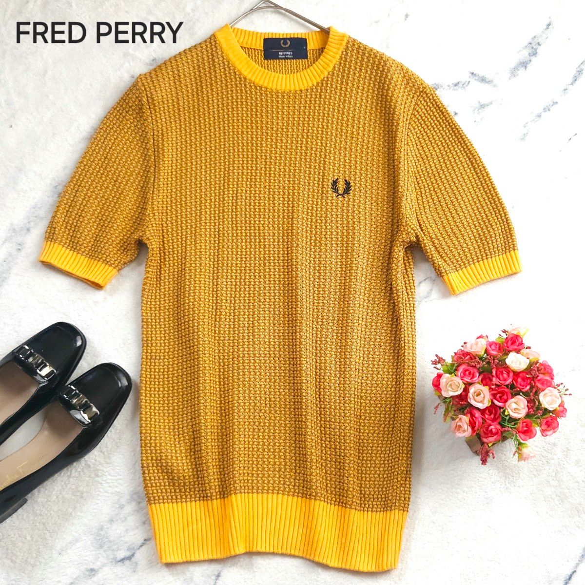 フレッドペリー FRED PERRY  サマーニット 半袖 セーター  黄 茶 Lサイズ相当 洗濯可 極美品