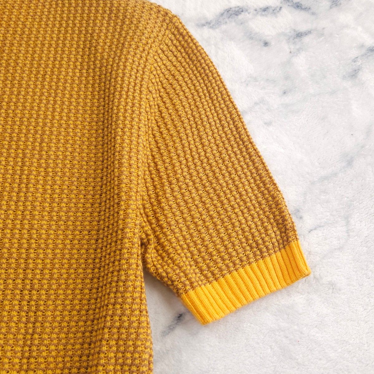 フレッドペリー FRED PERRY  サマーニット 半袖 セーター  黄 茶 Lサイズ相当 洗濯可 極美品
