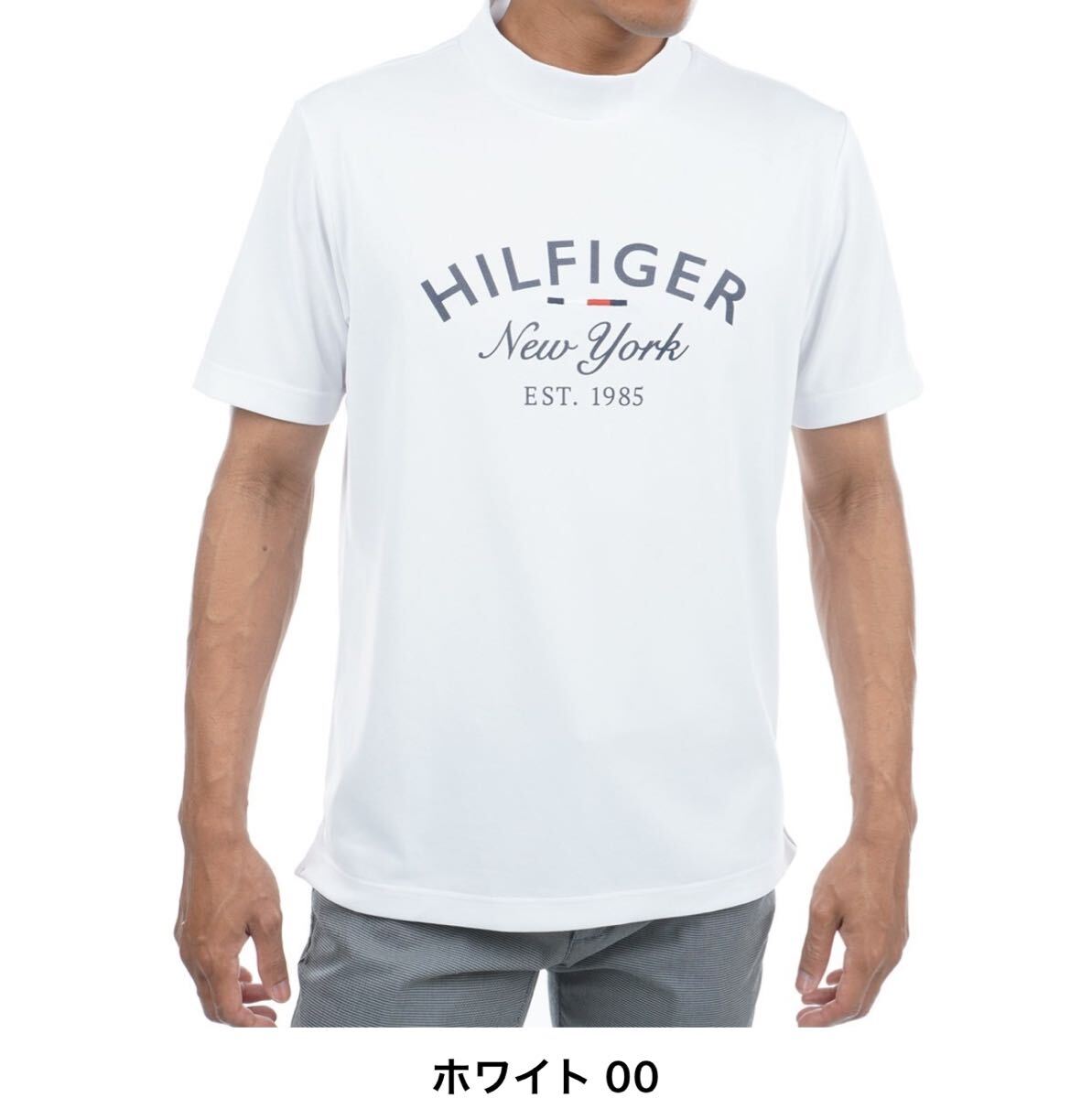 送料無料TOMMY HILFIGERトミーヒルフィガーMENSハイネック半袖シャツ吸水速乾DRY紫外線UVCUT軽量ベタ付軽減STRETCH ECOWhite(お買得LL)新品