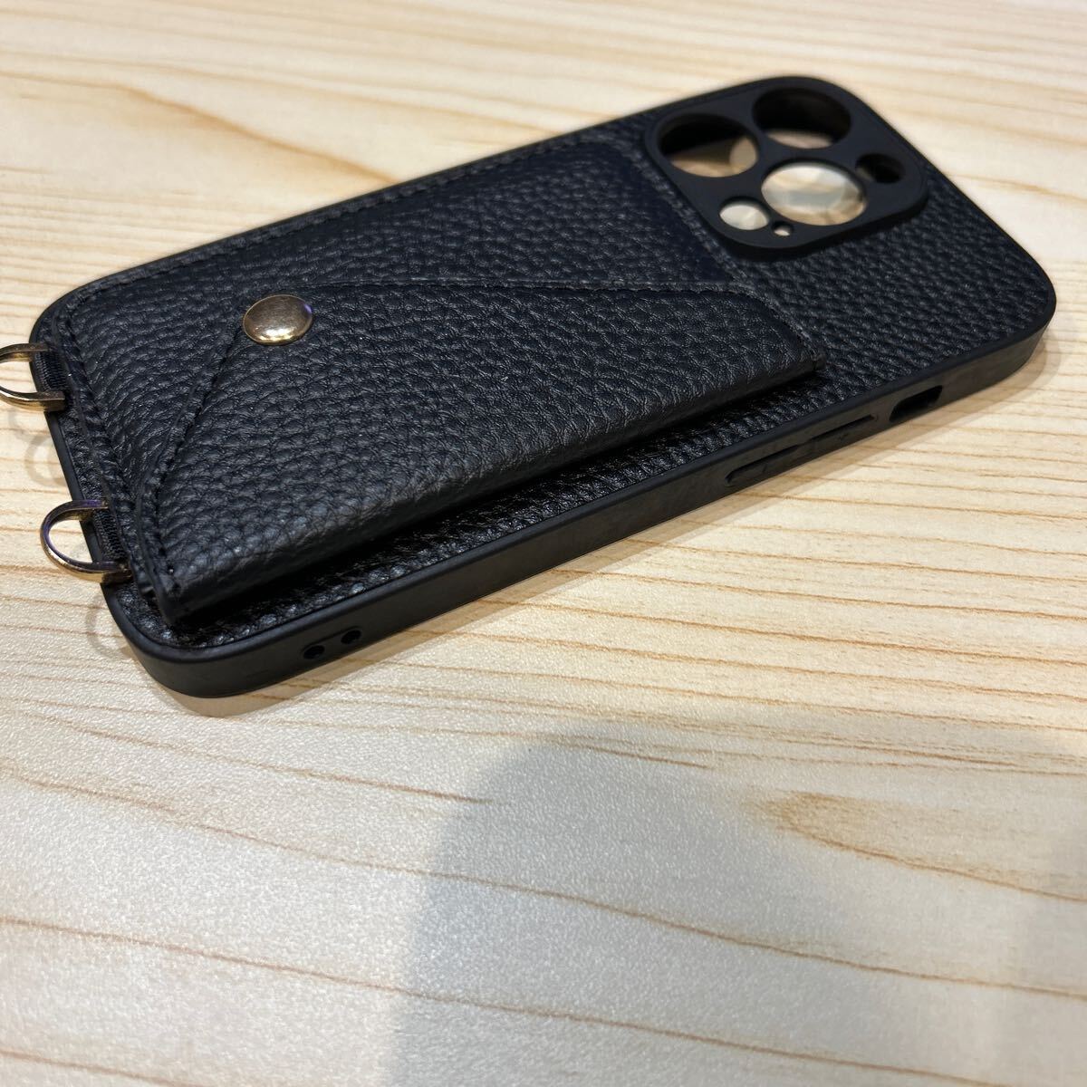 d285 対応 iPhone 14 Pro スマホケース クロスボディ 斜めがけ 手帳型ケース かわいい 携帯ケース カードポケット シボ革 レザー ブラック_画像4