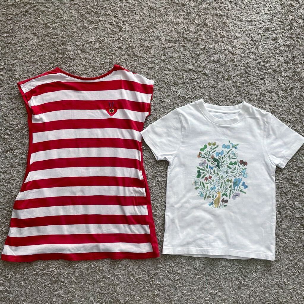 グラニフ はらぺこあおむし Tシャツ ワンピース 130cm 定価6500円 2枚セット エリックカール ボーダー 白 刺繍 コットン 綿 半袖 graniph_画像1