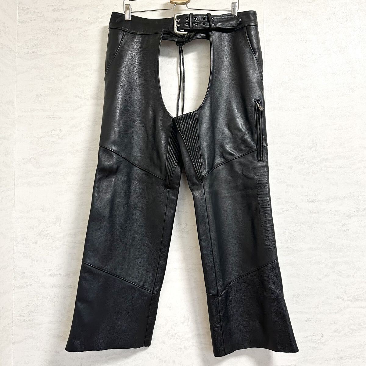 [ soft fine quality wrinkle leather ]{ rare XL size }Harley-Davidson Harley Davidson leather chaps pants bike wear black black 