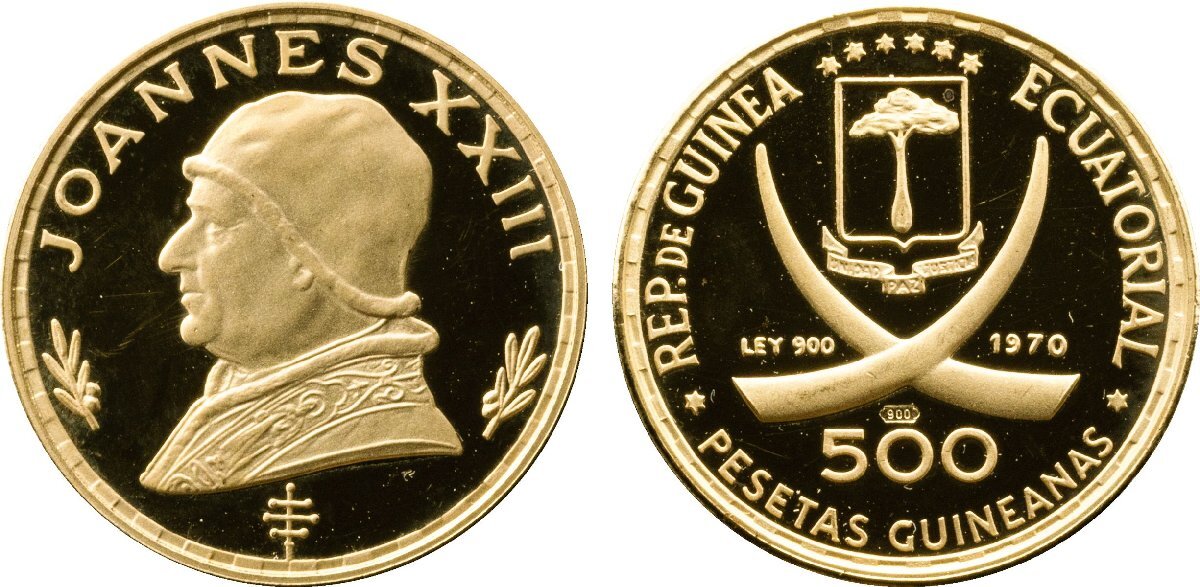 赤道ギニア 500ペセタ金貨 1970年 未使用品プルーフ 教皇ヨハネ23世 発行数1,680枚の画像1