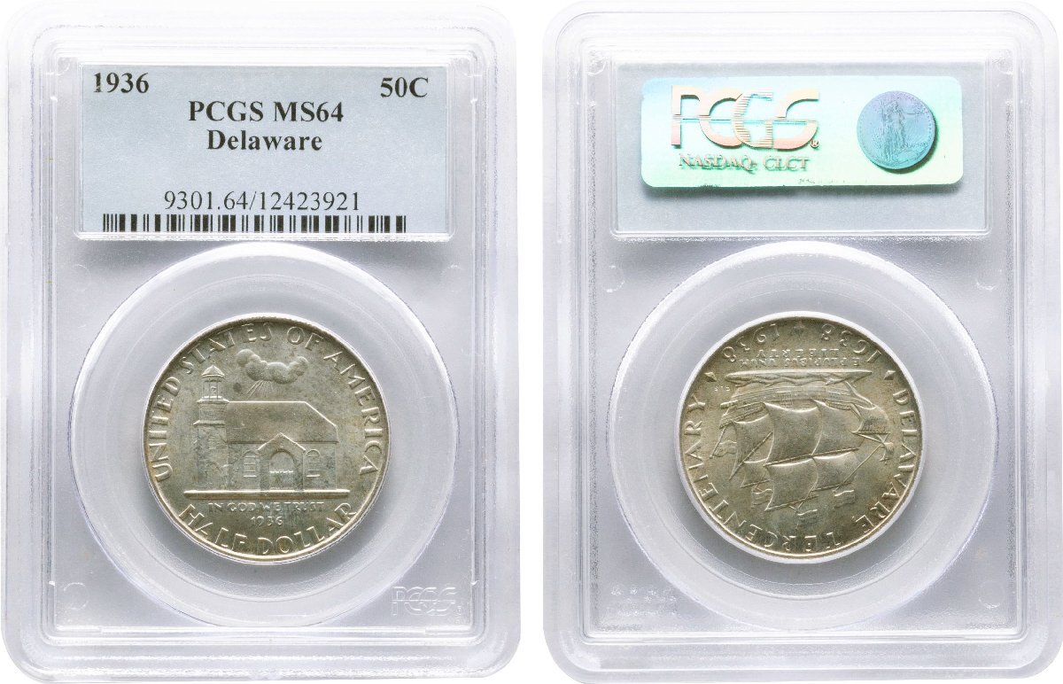 アメリカ　50セント銀貨　1936年　未使用品　DELAWARE　PCGS(MS64)