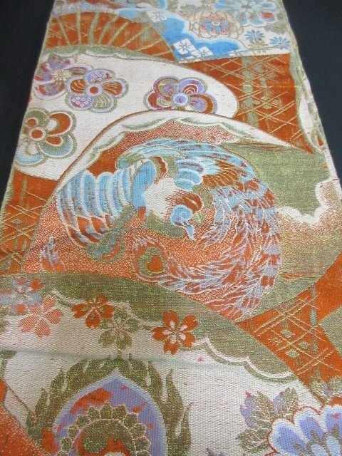 1 jpy used silk hanhaba obi antique Taisho romance fan phoenix classic writing sama high class small double-woven obi stylish kimono small articles length 338cm[ dream job ]***