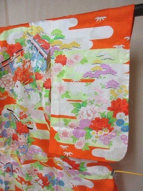 1 иен б/у .. женщина . ребенок кимоно "Семь, пять, три" японский костюм японская одежда производство надеты .. цветочный принт 4 сезон цветок модный высококлассный . длина 100cm. ширина 47cm[ сон работа ]***