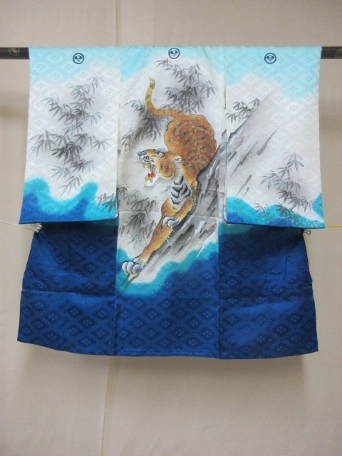 1 иен хорошая вещь натуральный шелк мужчина . ребенок кимоно .. "Семь, пять, три" нижняя рубашка комплект производство надеты японский костюм японская одежда .. ... синий высококлассный . длина 99cm. ширина 45cm[ сон работа ]***