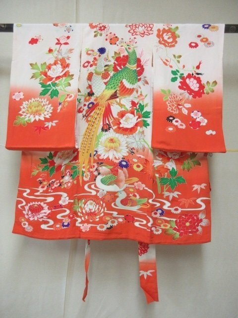1 иен хорошая вещь натуральный шелк женщина . ребенок кимоно .. "Семь, пять, три" нижняя рубашка комплект производство надеты японский костюм японская одежда цветок .. птица перо рисунок высококлассный . длина 98cm. ширина 46cm[ сон работа ]***