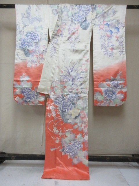 1 jpy superior article silk kimono long-sleeved kimono .. type . Japanese clothes .. wistaria four season flower floral print high class . length 157cm.63cm * excellent article *[ dream job ]****