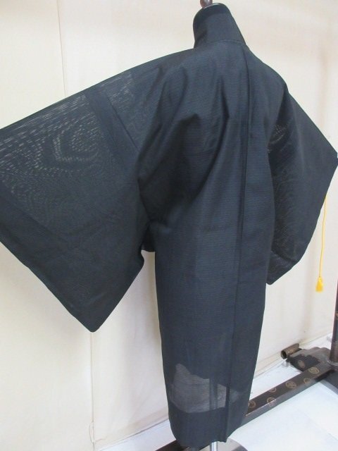 1円 良品 正絹 長羽織 絽 夏物 和装 和服 アンティーク 黒 紋なし 無地 男性用 単衣 身丈102cm 裄64cm【夢職】★★★_画像1