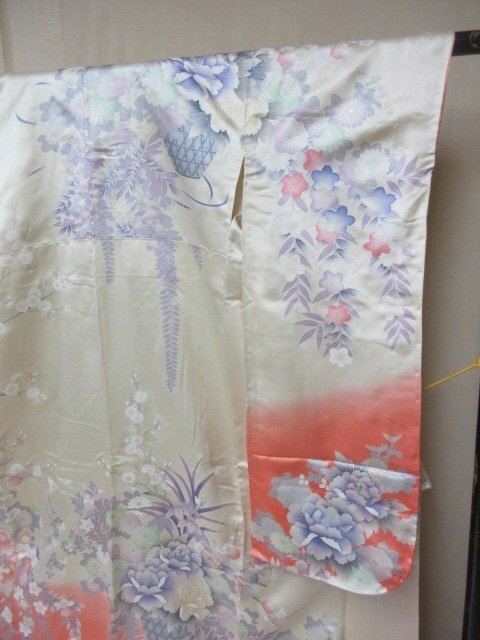 1 jpy superior article silk kimono long-sleeved kimono .. type . Japanese clothes .. wistaria four season flower floral print high class . length 157cm.63cm * excellent article *[ dream job ]****