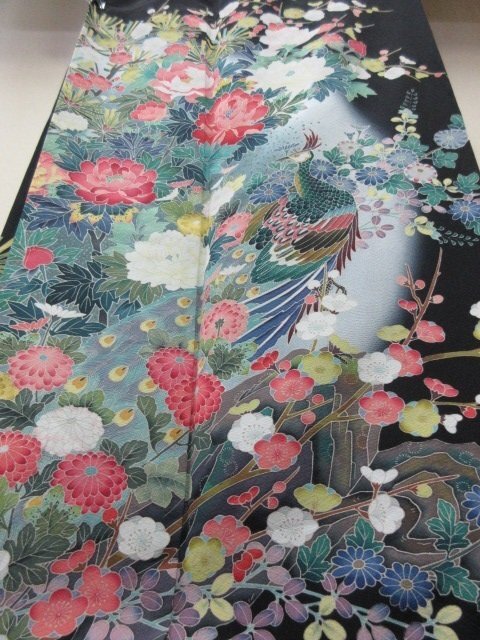 1 jpy superior article silk kimono tomesode .. type . Japanese clothes Japanese clothes ratio wing attaching author thing .. flower .. bird floral print four season flower high class . length 156cm.65cm[ dream job ]***