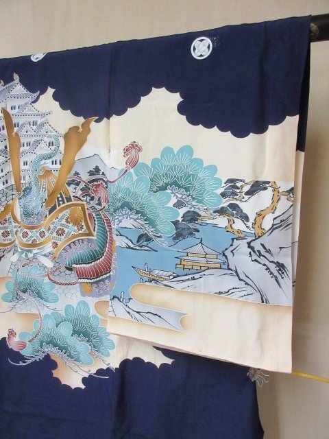 1 jpy superior article silk man . child kimono .. The Seven-Five-Three Festival Japanese clothes Japanese clothes production put on navy blue castle helmet scenery high class . length 95cm. width 46cm[ dream job ]***
