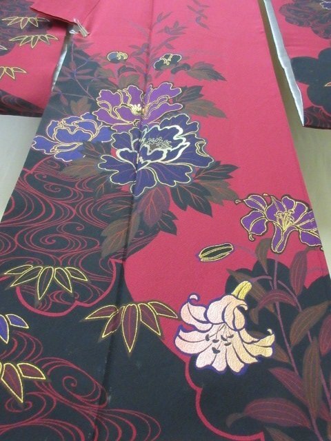 1 jpy superior article silk kimono long-sleeved kimono .. type . Japanese clothes Japanese clothes red purple gold paint dyeing dividing floral print ... floral print high class . length 156cm.68cm * excellent article *[ dream job ]****