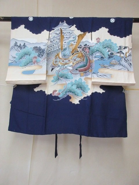 1 jpy superior article silk man . child kimono .. The Seven-Five-Three Festival Japanese clothes Japanese clothes production put on navy blue castle helmet scenery high class . length 95cm. width 46cm[ dream job ]***