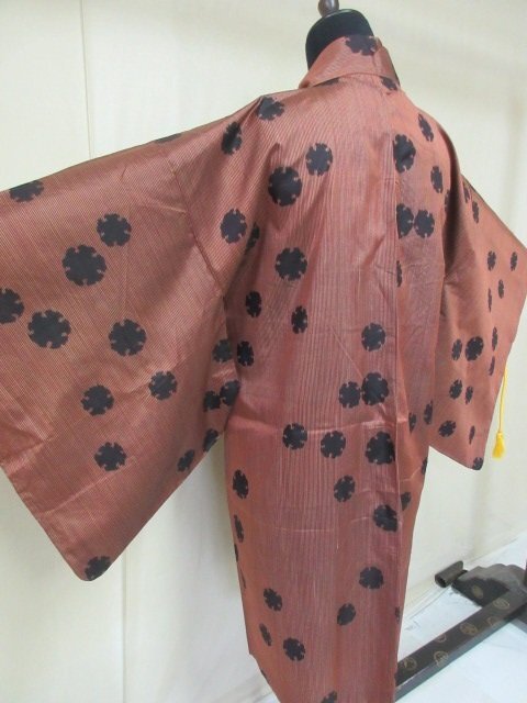1 jpy superior article silk length feather woven Japanese clothes coat pongee antique Taisho romance . snow wheel stylish high class . length 87cm.64cm[ dream job ]***