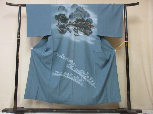 1 jpy superior article silk long kimono-like garment for man Japanese clothes Japanese clothes rice field . scenery house shop person .. landscape high class . good-looking . length 141cm.68cm[ dream job ]***