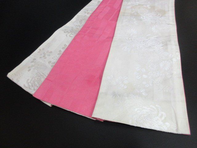 1 jpy used .. hanhaba obi reversible white pink .. Hagi floral print high class small double-woven obi stylish kimono small articles length 404cm[ dream job ]**