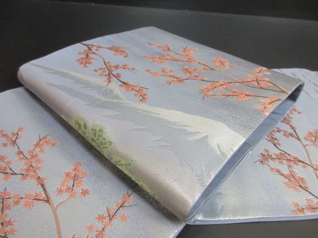 1 jpy superior article silk double-woven obi .. Japanese clothes Japanese clothes west . woven Japan mountain river Mt Fuji forest . branch leaf stylish six through pattern length 436cm * excellent article *[ dream job ]****