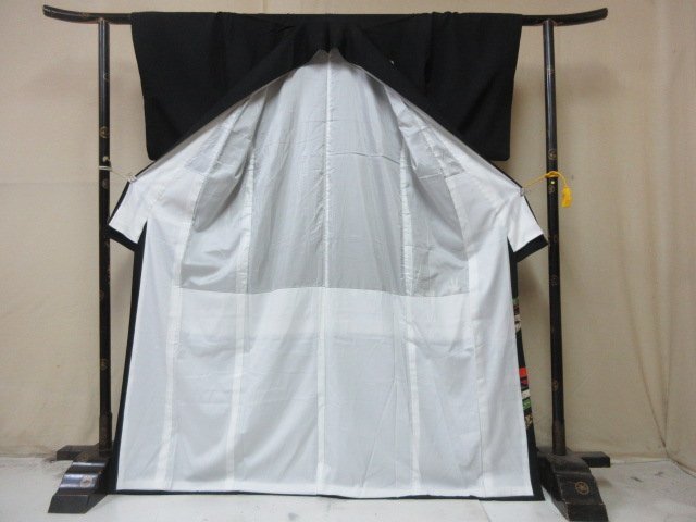 1円 良品 正絹 着物 留袖 縮緬 和装 比翼付 束ね熨斗 鶴 扇子 冠婚葬祭 高級 袷 身丈160cm 裄66cm【夢職】★★★の画像2