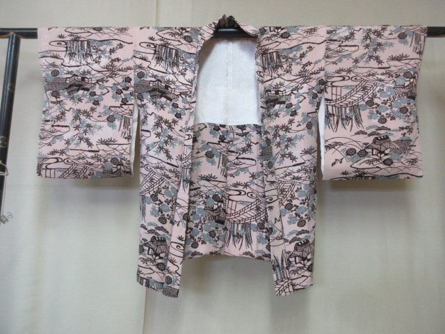 1 jpy superior article silk feather woven Japanese clothes coat .. antique house shop scenery . flower stylish high class . length 75cm.66cm[ dream job ]***