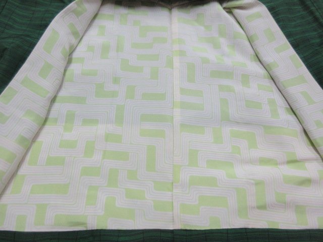 1 jpy superior article silk ensemble kimono pongee Japanese clothes type . Japanese clothes woman green .. feather reverse side high class . length 153cm.65cm[ dream job ]***