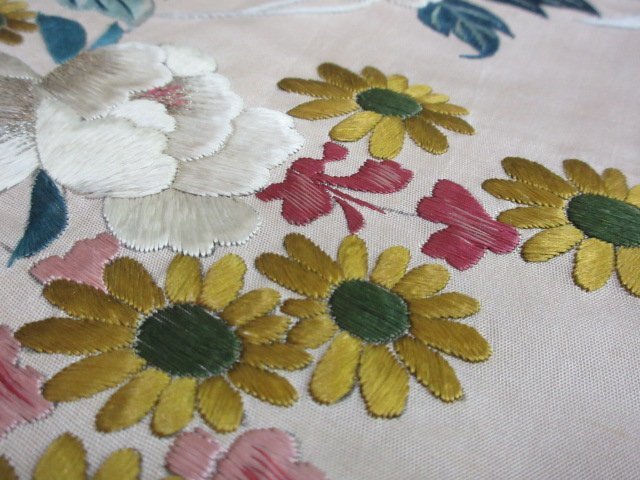 1円 中古 正絹 名古屋帯 引箔 和装 和服 アンティーク 日本刺繍 枝葉 枝花 菊 牡丹 草花 お太鼓柄 九寸帯 長さ323cm【夢職】★★★_画像7