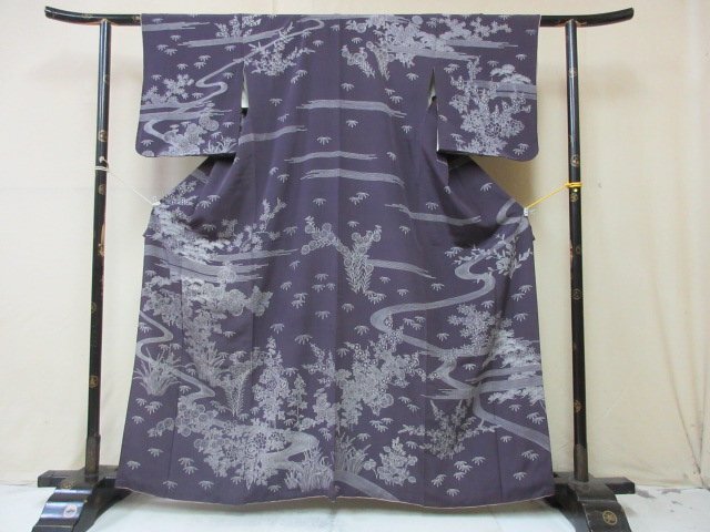 1円 良品 正絹 着物 訪問着 縮緬 式典 和装 紫 流水 花柄 四季花 草花 花畑 高級 袷 身丈152cm 裄62cm【夢職】★★★_画像1