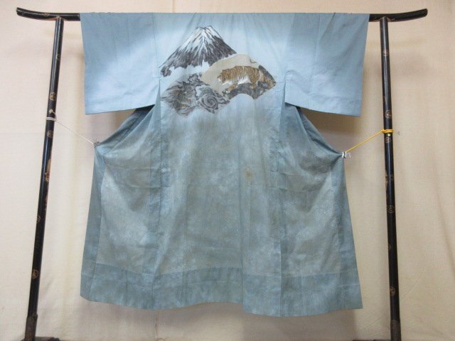 1円 中古 化繊 長襦袢 男性用 和装 和服 地紙 龍虎 富士山 高級 渋カッコいい 袖無双 身丈136cm 裄68cm【夢職】★★★_画像2