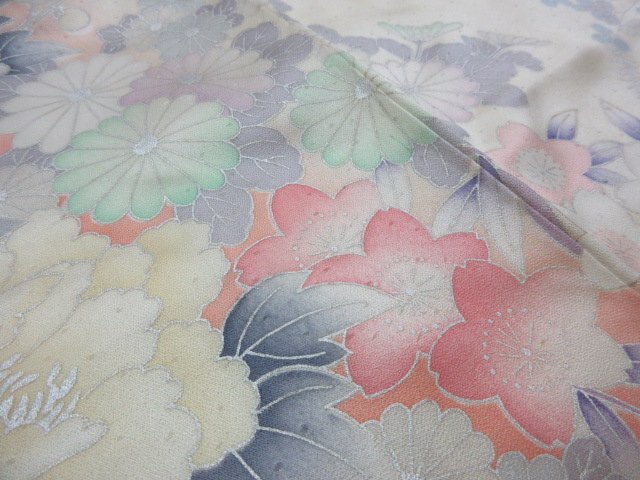 1 jpy superior article silk kimono long-sleeved kimono .. type . Japanese clothes .. wistaria four season flower floral print high class . length 157cm.63cm * excellent article *[ dream job ]****