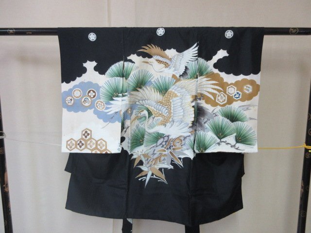 1 jpy superior article silk child kimono for boy production put on underskirt set The Seven-Five-Three Festival Japanese clothes black antique hawk pine flower turtle . good-looking . length 96cm[ dream job ]***