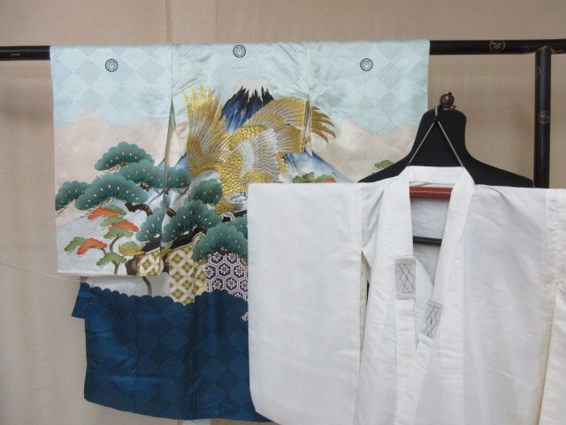1 иен хорошая вещь натуральный шелк ребенок кимоно для мальчика производство надеты нижняя рубашка комплект "Семь, пять, три" японская одежда бледно-голубой ястреб сосна гора Фудзи симпатичный . длина 100cm[ сон работа ]***