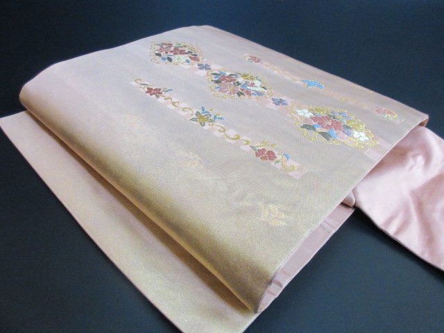 1円 良品 正絹 名古屋帯 引箔 和装 和服 オリエンタル更紗 花唐草 可愛い お太鼓柄 九寸帯 長さ360cm【夢職】★★★_画像1