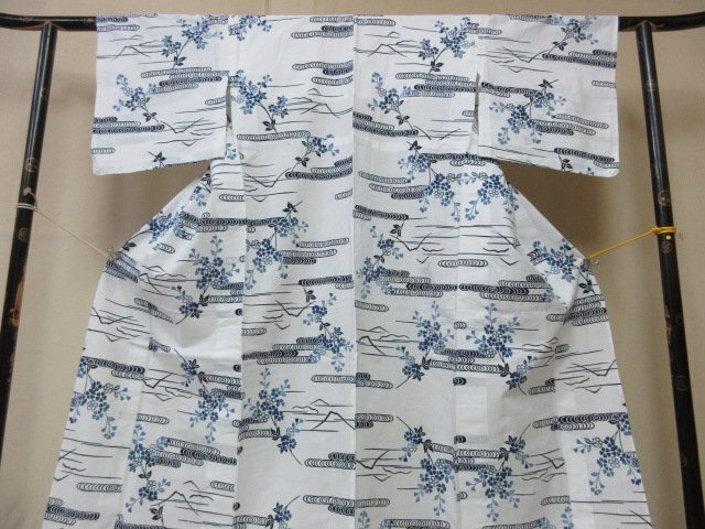 1 jpy superior article tree cotton cotton gauze yukata flower fire festival Indigo color white .. water branch leaf floral print . flower stylish pretty length 145cm.65cm[ dream job ]***